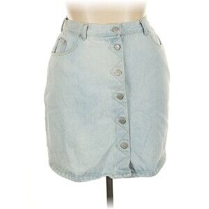 VTG No Excuses Denim Knee Skirt Pencil Jean Light Wash Button Zig Zag 90s y2k